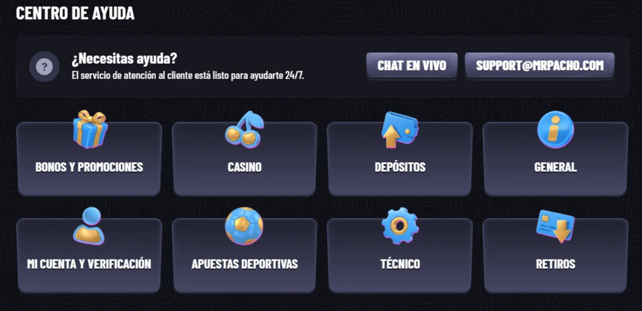 MrPacho Casino Centro de Ayuda MrPacho Casino centro de ayuda con chat en vivo, soporte y categorías de asistencia